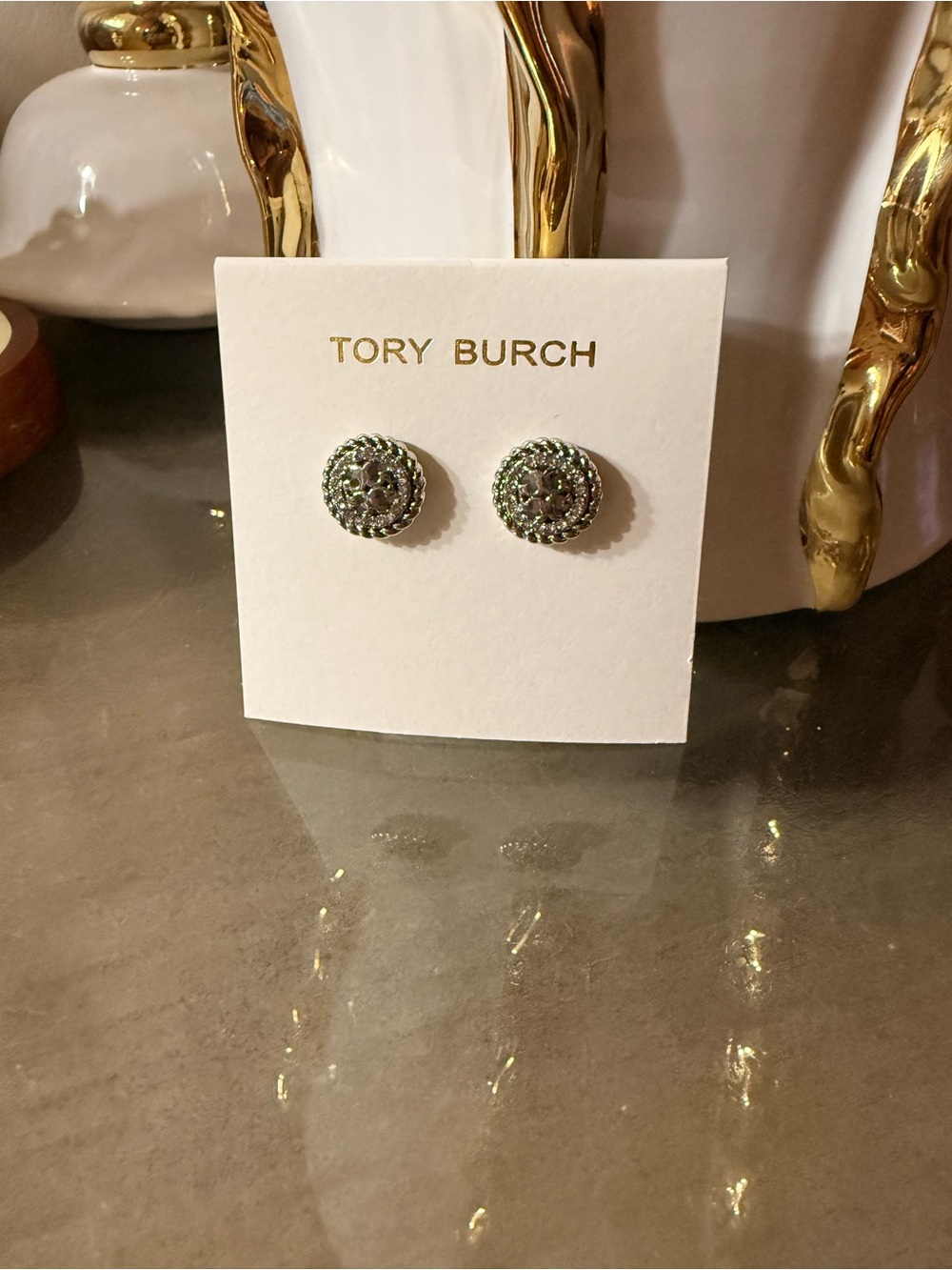 Tory Burch Silver-Tone Stud Earrings with Pave Crystals